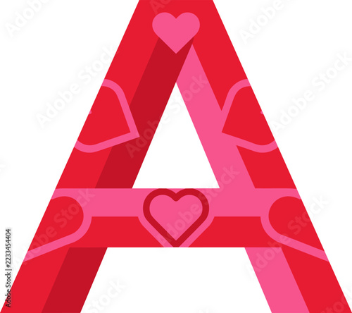 Red letter A with heart shapes for Valentine, flat vector illustration