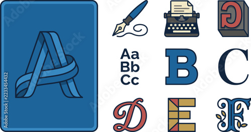 Ribbon letter A with pen, typewriter and font sample icon set, vector icon set