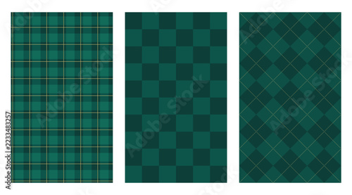 Dark green gingham, checkered and argyle seamless pattern set with gold accents for Christmas fabric and wrapping paper