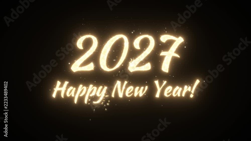 Happy New Year 2027 gold glitter text with sparkles, greeting loop