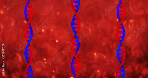 Abstract DNA strands on vibrant red background, symbolizing genetic research
