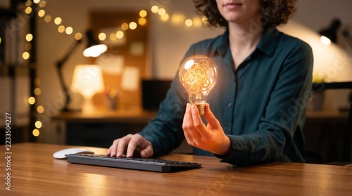 Creative woman holding glowing light bulb with working gears inside