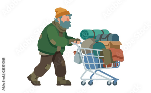 Fotografie Homeless man pushing shopping cart filled with belongings vector illustration