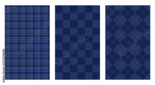 Navy blue gingham, checkered and argyle seamless pattern set with gold accents for textile, fabric and wrapping paper