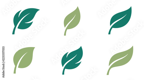 Collection of six flat green leaf vector icons for organic branding