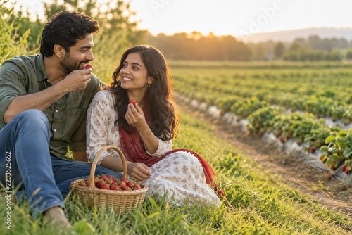 Young indian couple sitting on grass at strawberry field at sunset, man eating berry, woman smiling with picking basket, romantic moment