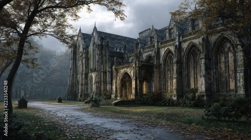 photorealistic atmospheric architectural photography, imposing historic Gothic building with tall pointed arched windows, intricate stone details