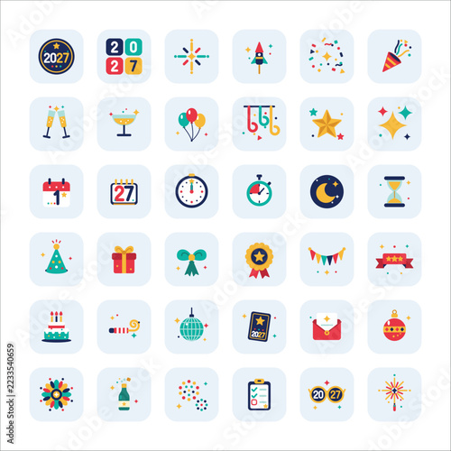 New Year 2027 Party Celebration Event Flat Vector Icons