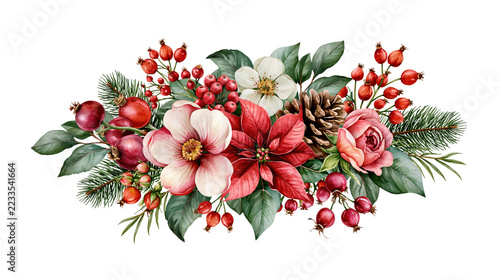 Christmas floral arrangement with poinsettias, roses, berries, pine branches, and pine cones in watercolor clipart
