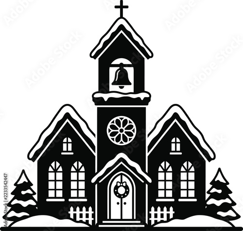 Snowy Christmas church with bell tower