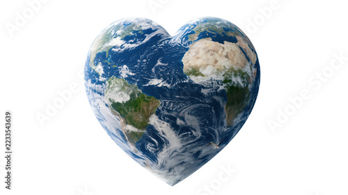 Planet Earth shaped like a heart, showing continents and oceans against a transparent background