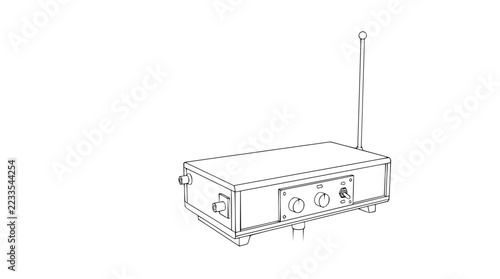 Line art drawing of a vintage radio receiver with antenna and control knobs isolated on white