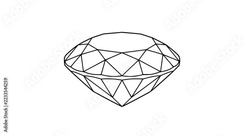 Geometric line art illustration of a faceted brilliant cut diamond gemstone isolated on white