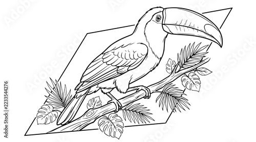 Line art illustration of a tropical toucan bird perched on a branch with jungle foliage leaves