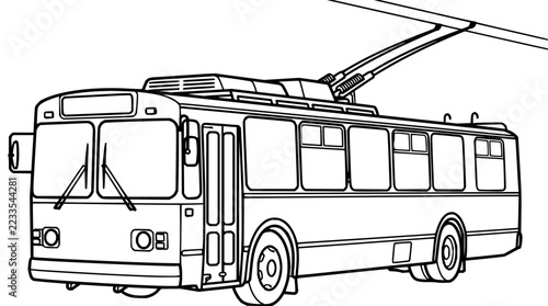 Line Art Illustration of a Modern Electric Trolleybus with Overhead Power Poles for Public Transit