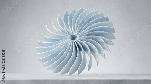 Abstract sculptural object made of layered blue marble sheets arranged in a radial fan pattern, minimalist design on a marble surface against a neutral gray background