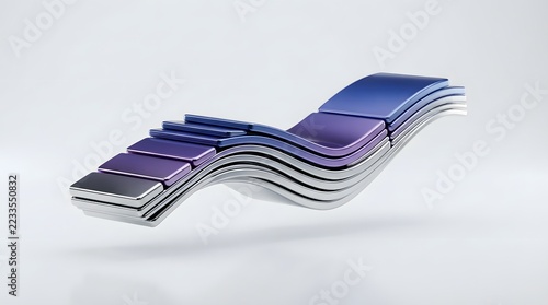 Abstract 3d wavy layered structure with metallic and glossy surfaces in blue and purple gradients, isolated on white background