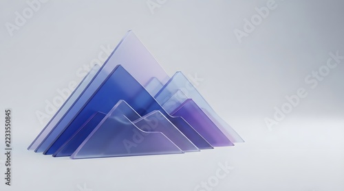 Abstract 3d composition of translucent frosted glass mountain shapes in blue and purple tones, isolated on white background