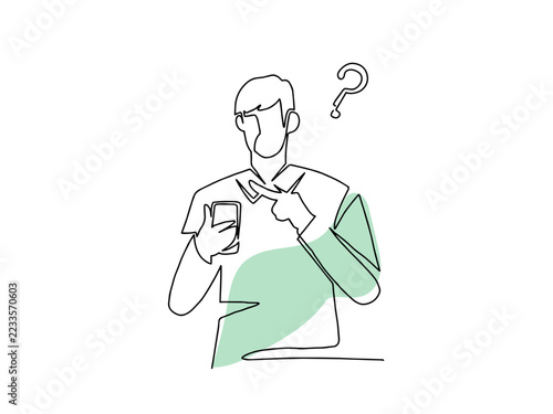 一筆書きのスマホを見て困っているシニア男性のイラスト