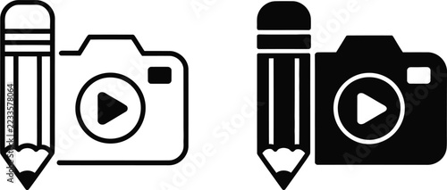 Pencil and Video Camera Icon Set Line Art and Solid Glyph Media Production Vector Symbol