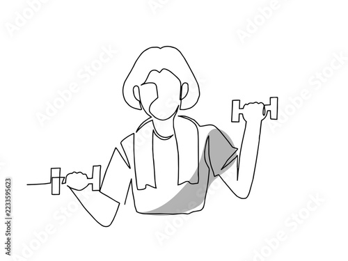 一筆書きのダンベルで運動するシニア女性のイラスト