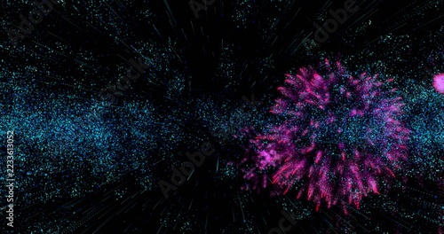 Radiating magenta particle burst sending streaks across cosmic void with cyan band, copy space