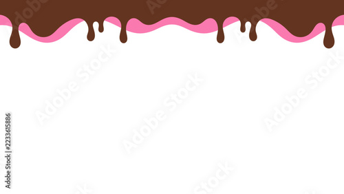 Sweet melting chocolate and pink strawberry icing glaze background. Melted syrup or dripping liquid sauce. Minimalist sweet chocolate and strawberry pink background. Minimalist wavy background.