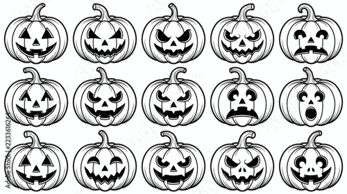 Collection of expressive Halloween pumpkins, showcasing a variety of carved faces and emotions for festive decorations and designs