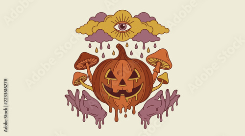 Mystical Autumn Pumpkin Illustration with Melting Jack-o'-Lantern, Enigmatic Mushrooms, and Cosmic Eye