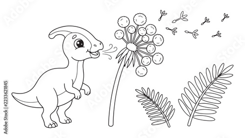 Little cartoon parasaurolophus dinosaur blowing dandelions with flying seeds and leaves.