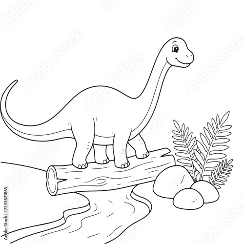 Happy cartoon brachiosaurus dinosaur standing on a log over a river with plants.