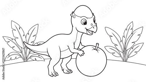 Adorable cartoon pachycephalosaurus dinosaur playing with a big apple and leaves.