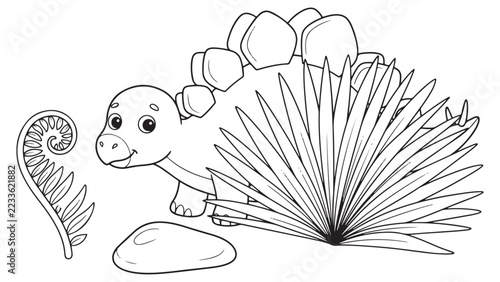 Happy cartoon stegosaurus with plates behind fern and stone for toddler coloring.