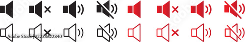 Volume sound and audio speaker icon set, for media and multimedia interface. Black and red solid, outline speaker symbols, mute soundwaves, and volume level control collection vector illustration.   