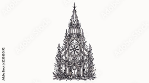 Fotografie Intricate ink illustration of a gothic cathedral spire entwined with evergreen p