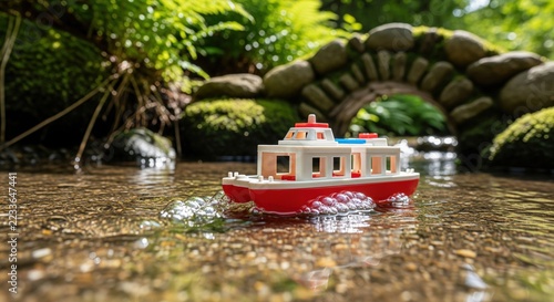 Red and white plastic toy boat floating on clear forest stream near mossy stone arch bridge