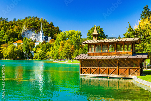 Wooden Church of the Assumption of Mary and St. Martin's Church on Lake Bled, Slovenia