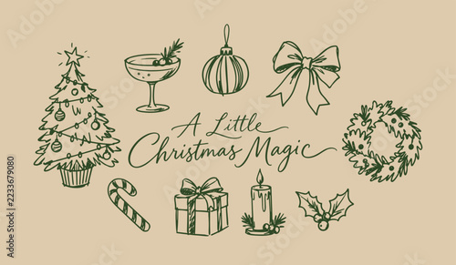 Hand Drawn Christmas Magic Vintage Elements and Festive Holiday Sketch Set