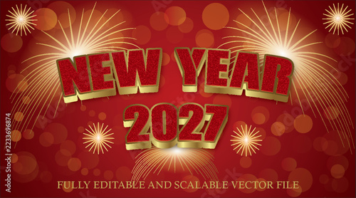 Happy new year 2027 banner with glitter text 3d style and fireworks on red background template, vector illustration.