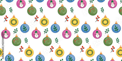 Christmas Wrapping Glass Ball Seamless Pattern. Funny Cartoon Retro Toy Element Textile Print. New Year Spruce Tree Ornament Fabric Art. Family Celebration Party Xmas Gift Wrap Paper