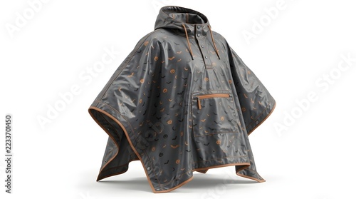 Full Length Gray and Black Outdoor Rain Poncho with Hood and Orange Trim for Halloween Adventures