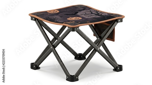 Portable Black Folding Camping Stool with Halloween Patterned Seat and Sturdy Crossed Metal Legs