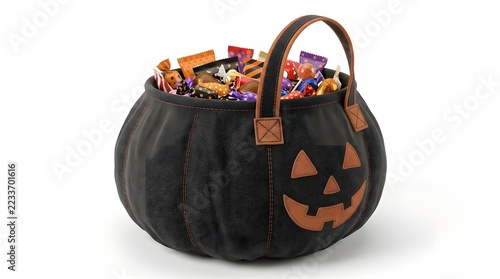 Black Pumpkin Style Halloween Trick or Treat Bag with Orange Jack O Lantern Face and Sturdy Carrying Handle
