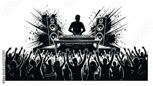 Dynamic black and white of a dj performing on stage with large speakers and a cheering crowd, isolated on a white background