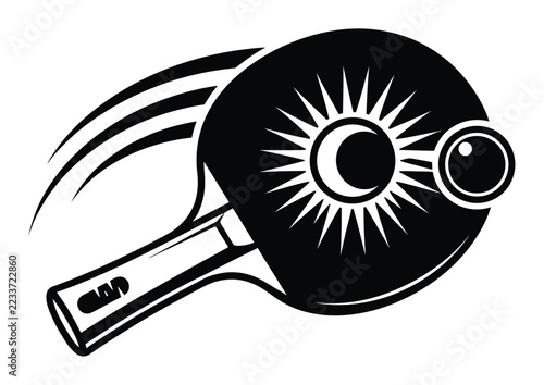 Dynamic black and white of a table tennis racket hitting a ping pong ball with motion lines and a stylized sunburst effect