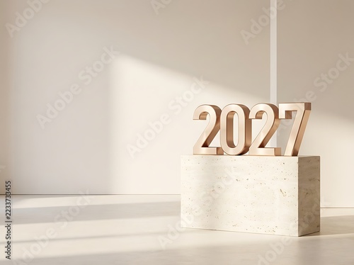 Sunlit minimalist interior, clean lines, beige pedestal, 2027 numbers, bright ambiance, future year, celebration, elegant design, soft shadows, modern architectural space.
