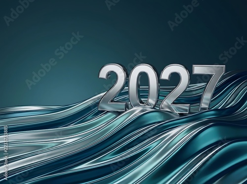 Abstract wavy metallic surface holding silver 2027 numbers representing movement and flow in upcoming year for financial projections and creative brand visuals.