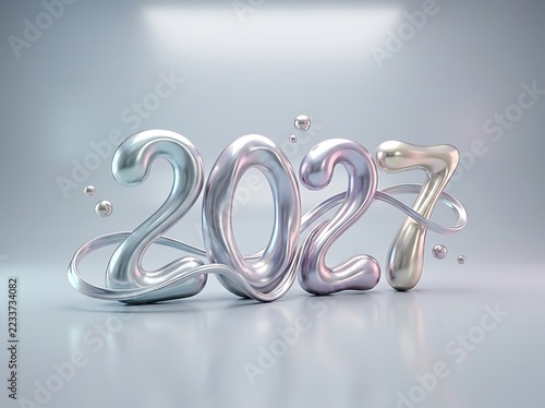 A whimsical iridescent silver and pearl 2027 number adorned with flowing ribbons and floating spheres on a bright background.