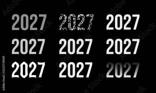 Set of nine different 2027 year typography designs with various textures and styles, creative digital number art for calendar or new year celebration