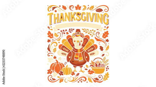 Thanksgiving turkey with autumn harvest vegetables and fall foliage.